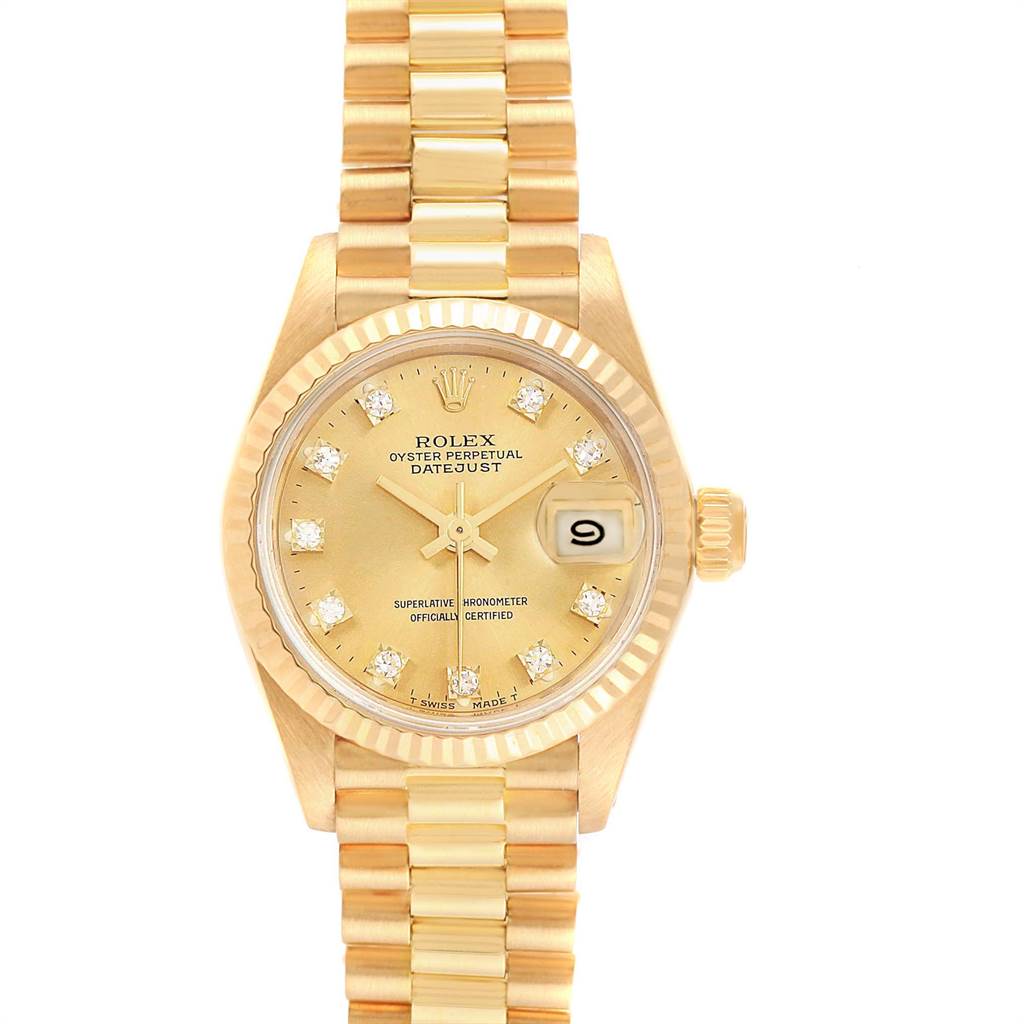 The Rolex President 6917 Women's Yellow Gold Champagne Dial 6917 Women's Yellow Gold Champagne Dial model watch is shown from the front, displaying its dial, hour markers, hands, and bracelet.