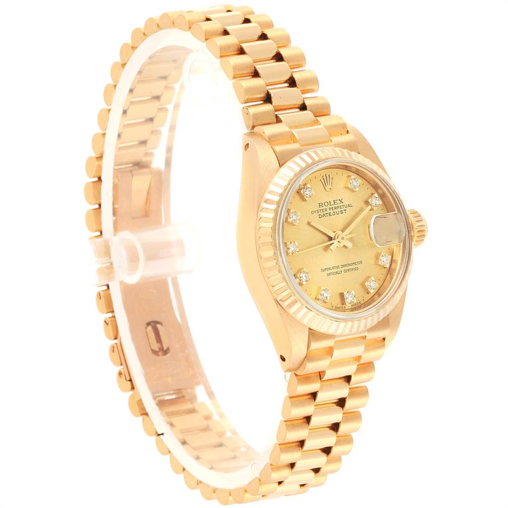 The image shows a Rolex President 6917 Women's Yellow Gold Champagne Dial 6917 Women's Yellow Gold Champagne Dial model watch at a slight angle, highlighting the dial, bracelet, and watch face details.