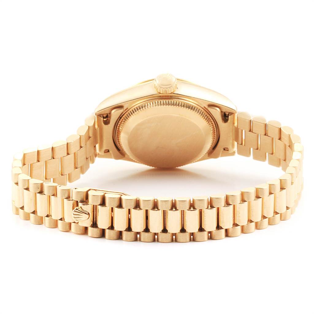 This image shows the back and bracelet of a Rolex President 69178 Women's Yellow Gold Champagne Dial 69178 Women's Yellow Gold Champagne Dial model watch, highlighting the clasp and case back.