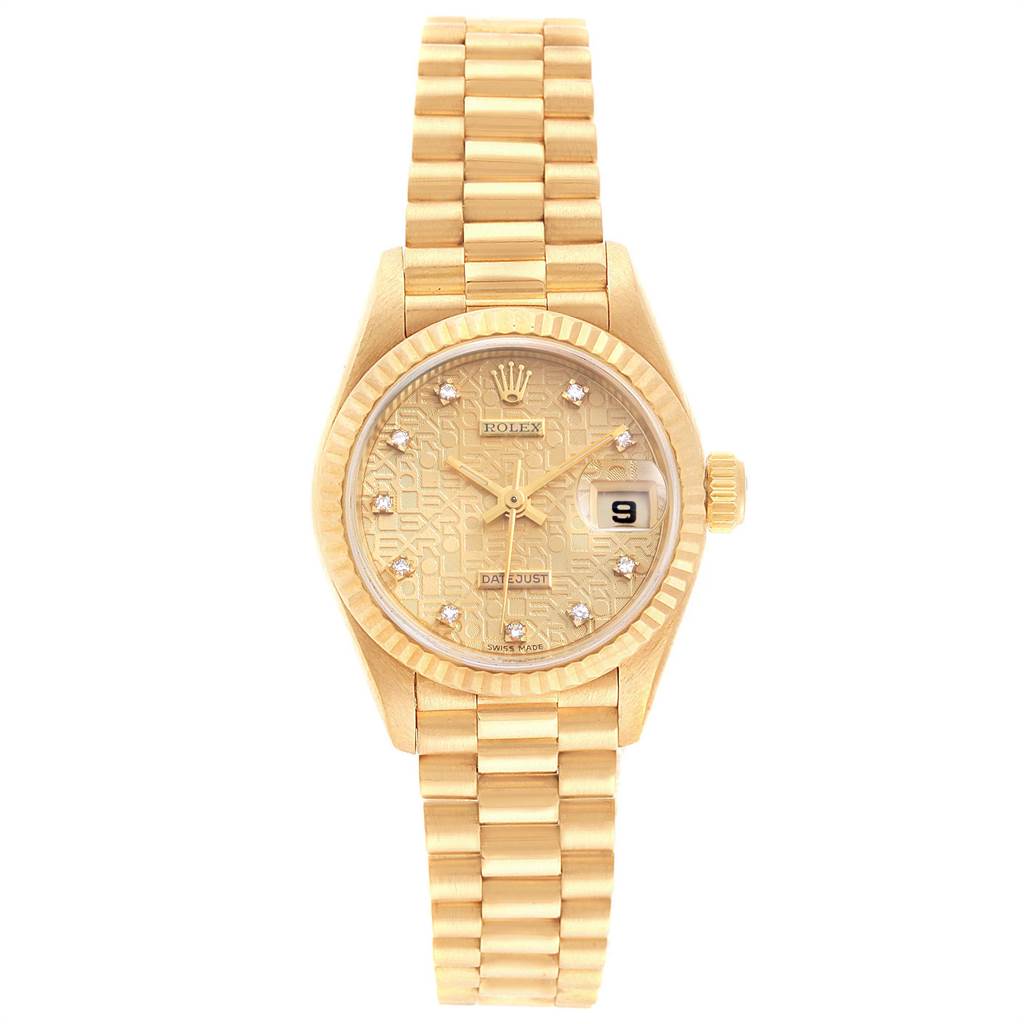 This image shows a front view of the Rolex President 69178 Women's Yellow Gold Champagne Dial 69178 Women's Yellow Gold Champagne Dial model watch, displaying the full face, bezel, and bracelet.