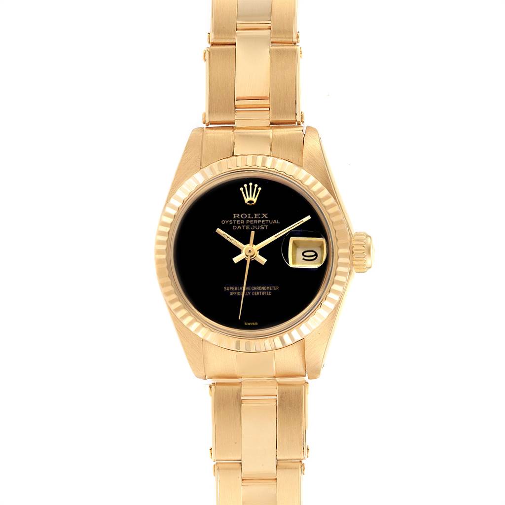 This image shows a Rolex President 6917 Women
s Yellow Gold Black Dial 6917 Women
s Yellow Gold Black Dial model watch, viewed from the front, displaying the face, bezel, and part of the bracelet.