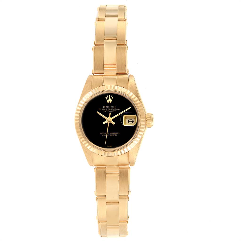 This image shows a Rolex President 6917 Women
s Yellow Gold Black Dial 6917 Women
s Yellow Gold Black Dial model watch from a front angle, highlighting its face, bezel, and bracelet.