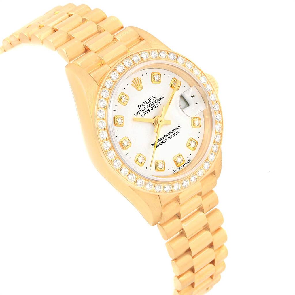 The Rolex President 79178 Women's Yellow Gold White Dial 79178 Women's Yellow Gold White Dial model watch is shown from the top angle, displaying the face, bezel, and part of the bracelet.