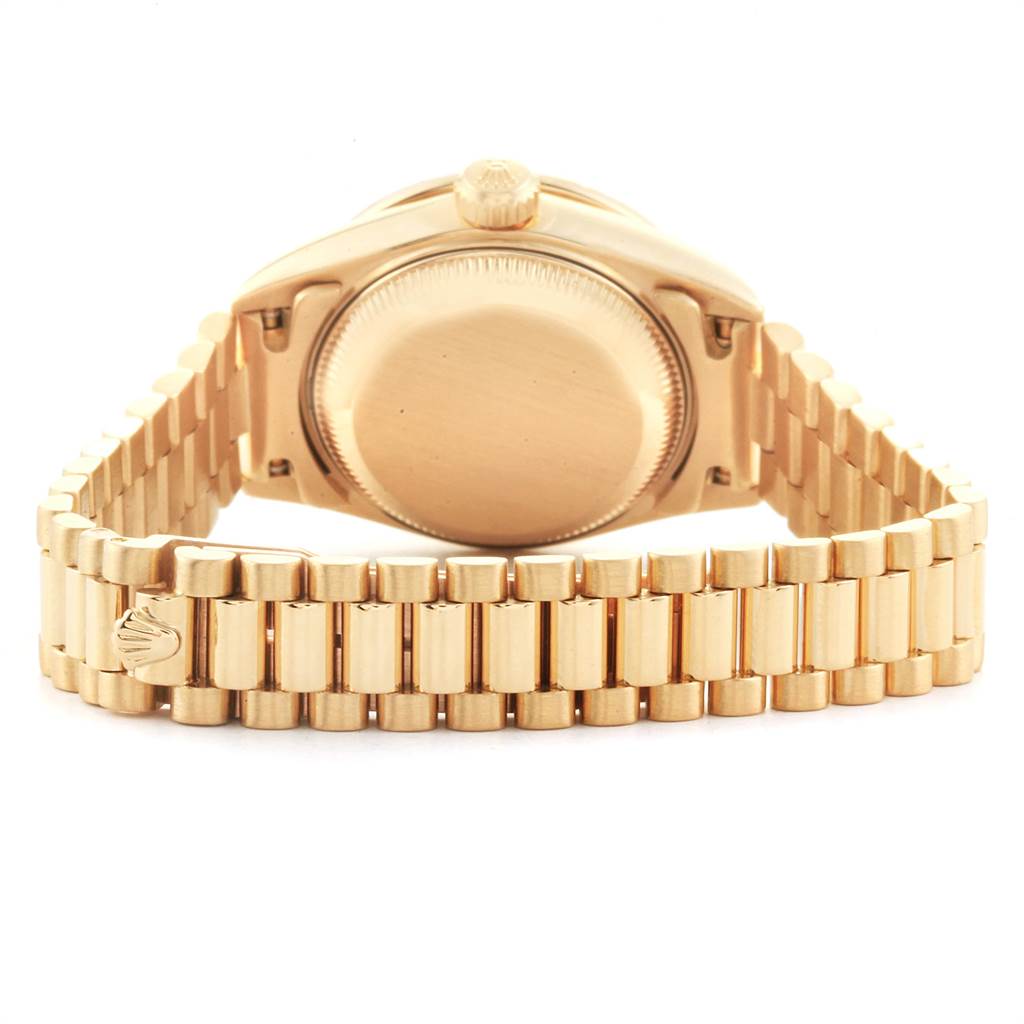 This image shows the back case and bracelet of a Rolex President 79178 Women's Yellow Gold White Dial 79178 Women's Yellow Gold White Dial model watch from a rear angle.