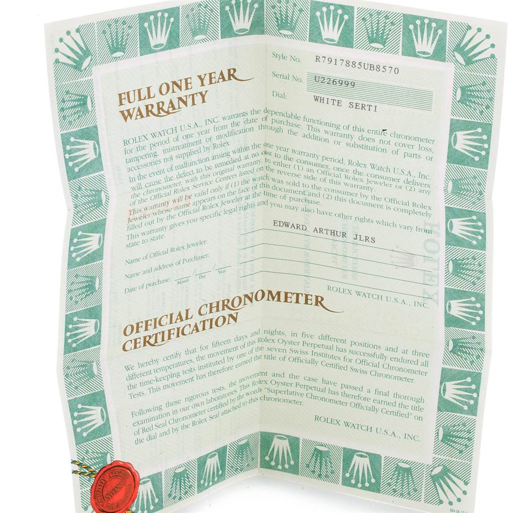 The image shows the full warranty and official chronometer certification for a Rolex President 79178 Women's Yellow Gold White Dial 79178 Women's Yellow Gold White Dial model watch.