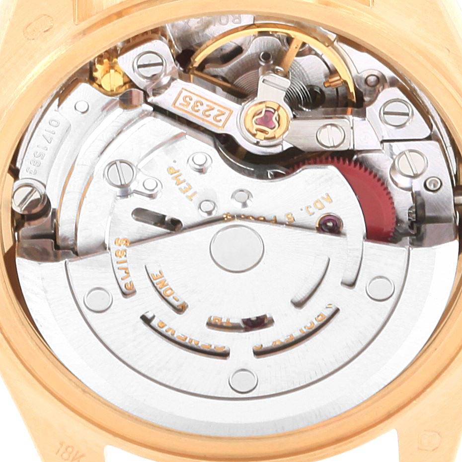 This image shows the movement mechanism of the Rolex President 79178 Women's Yellow Gold White Dial 79178 Women's Yellow Gold White Dial model watch from a close-up rear angle.