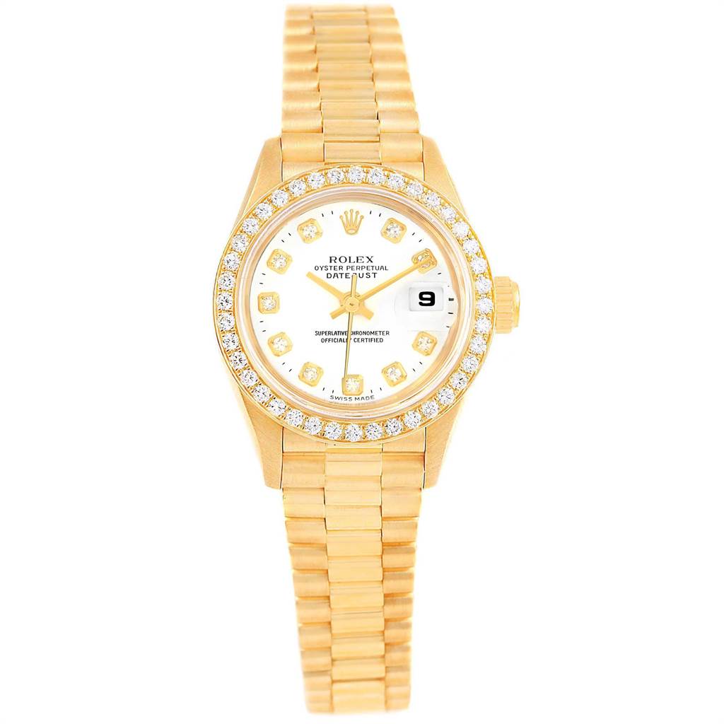 This image shows a front view of a Rolex President 79178 Women's Yellow Gold White Dial 79178 Women's Yellow Gold White Dial model watch, featuring its dial, bezel, and bracelet.