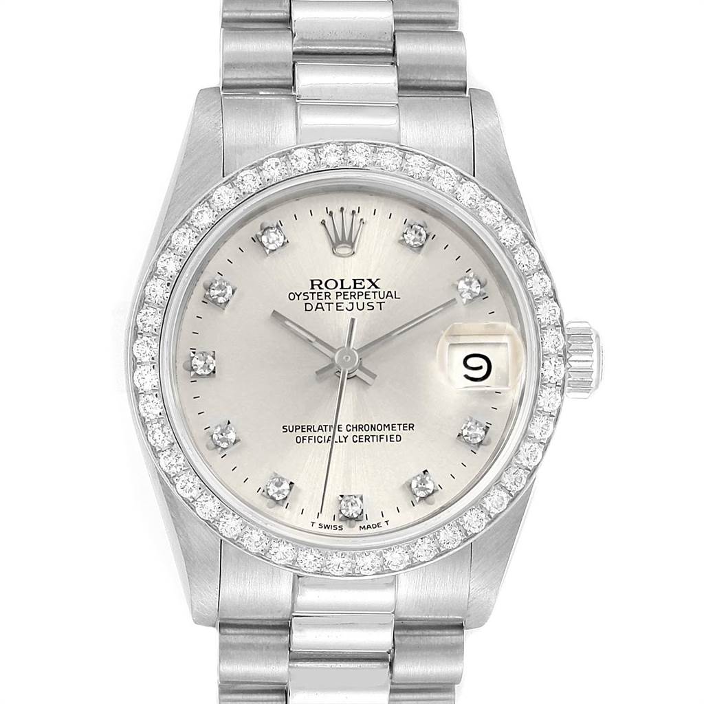 The image shows a frontal view of a Rolex President 68286 Women's Platinum Silver Dial 68286 Women's Platinum Silver Dial model, displaying the face, bezel, and part of the bracelet.