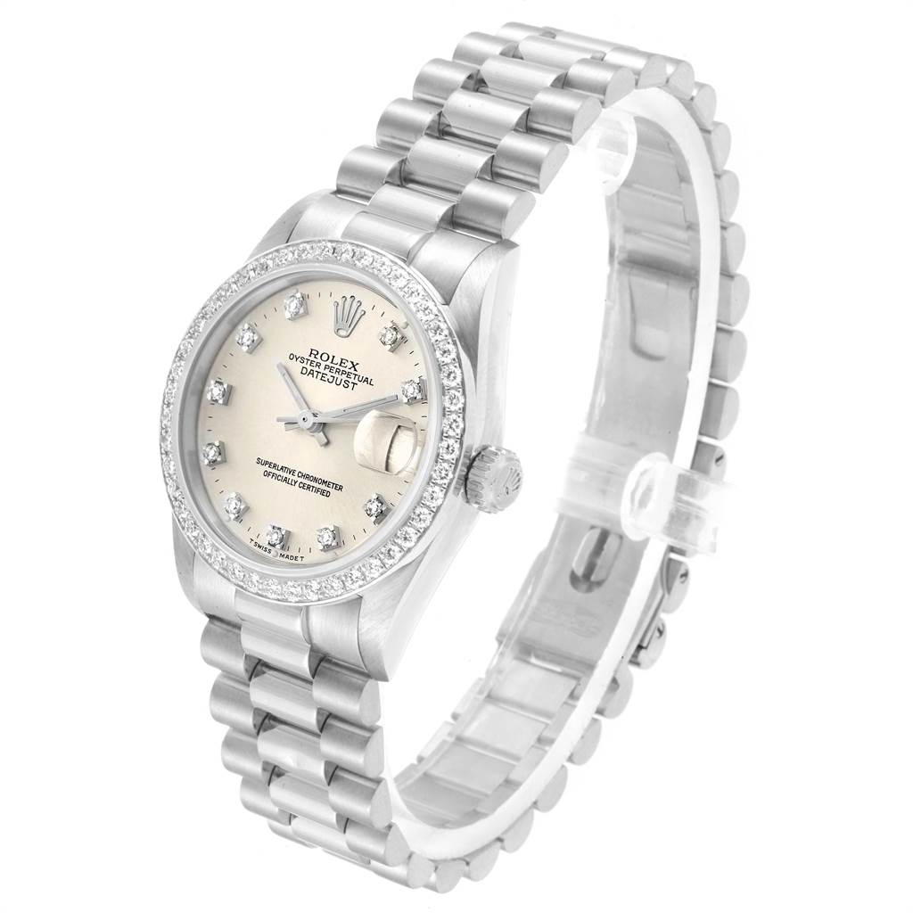 The image shows a Rolex President 68286 Women's Platinum Silver Dial 68286 Women's Platinum Silver Dial model watch at a three-quarter angle, highlighting its face, bezel, and bracelet.