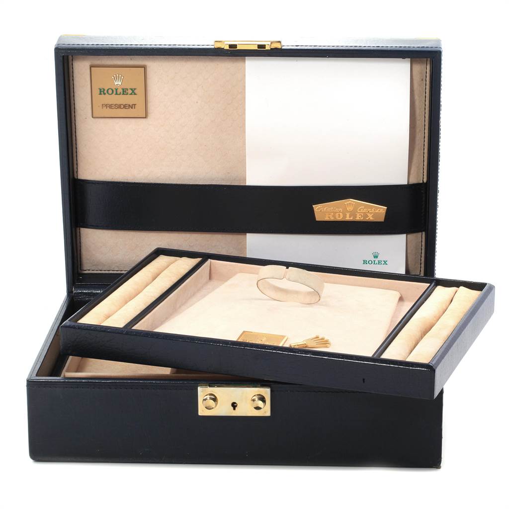 The image shows an open Rolex President 68286 Women's Platinum Silver Dial 68286 Women's Platinum Silver Dial watch box with compartments and accessories.