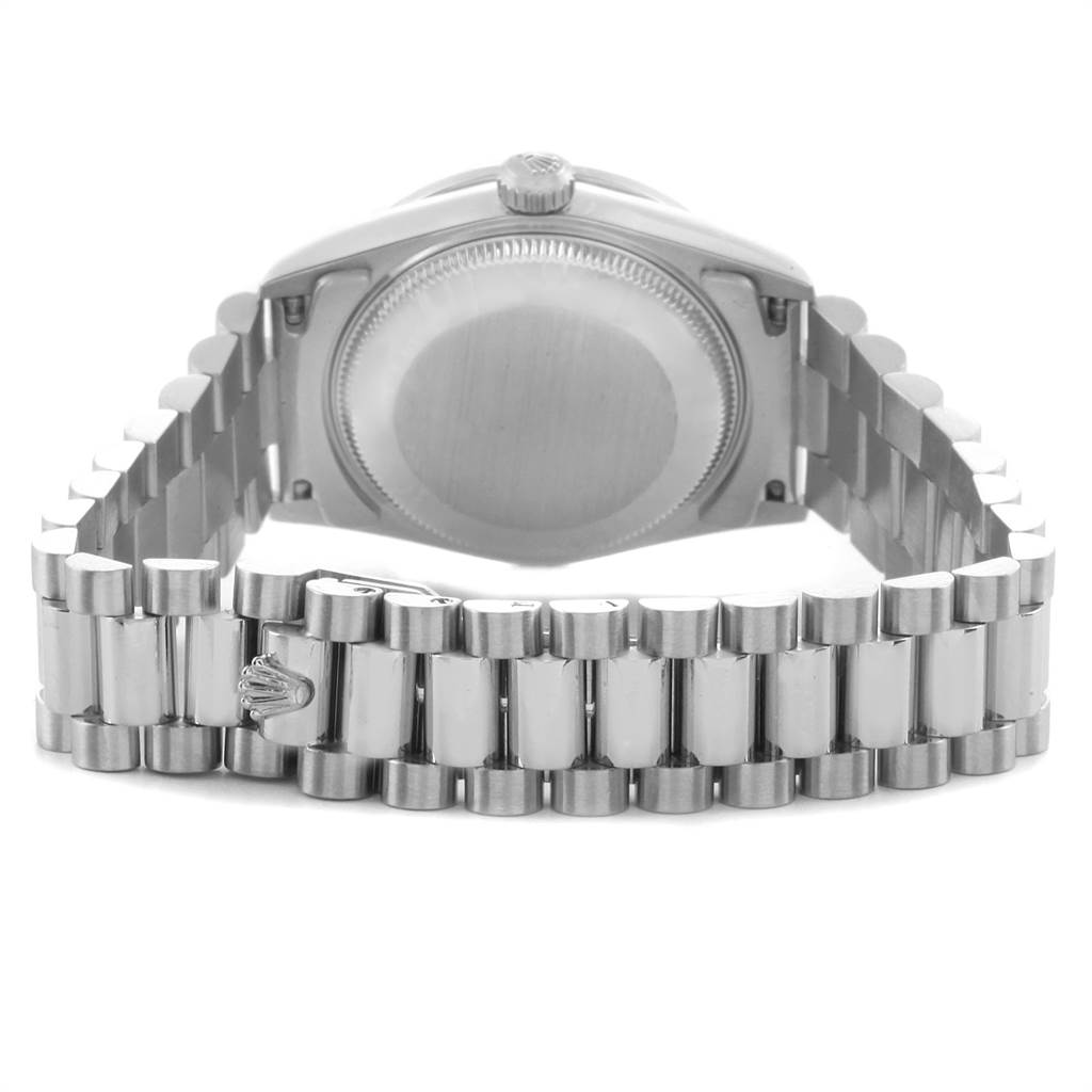 The image shows the back and bracelet of a Rolex President 68286 Women's Platinum Silver Dial 68286 Women's Platinum Silver Dial model watch from a rear angle.