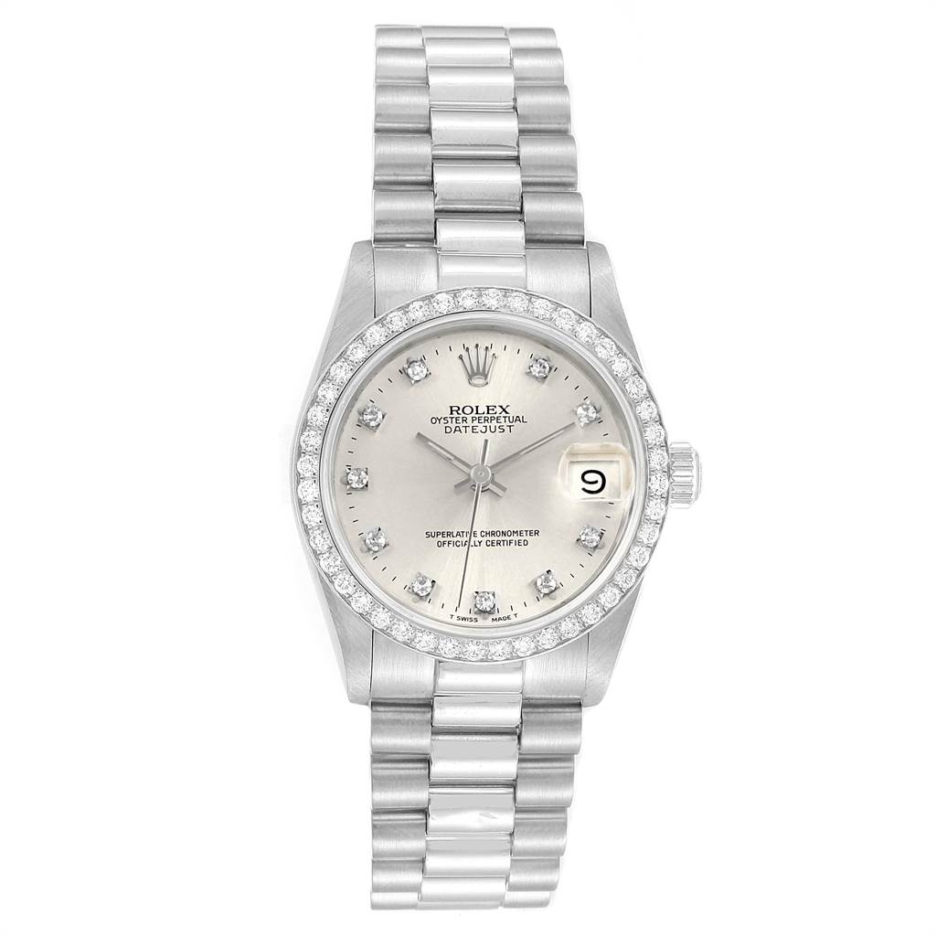 This image shows a frontal view of a Rolex President 68286 Women's Platinum Silver Dial 68286 Women's Platinum Silver Dial model watch displaying the face, bezel, hands, and bracelet.