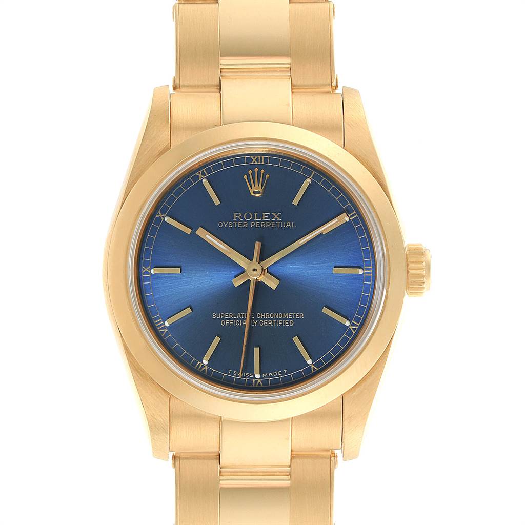 The image shows a front view of a Rolex President 67488 Women's Yellow Gold Blue Dial 67488 Women's Yellow Gold Blue Dial model watch, highlighting its blue dial, gold case, and bracelet.