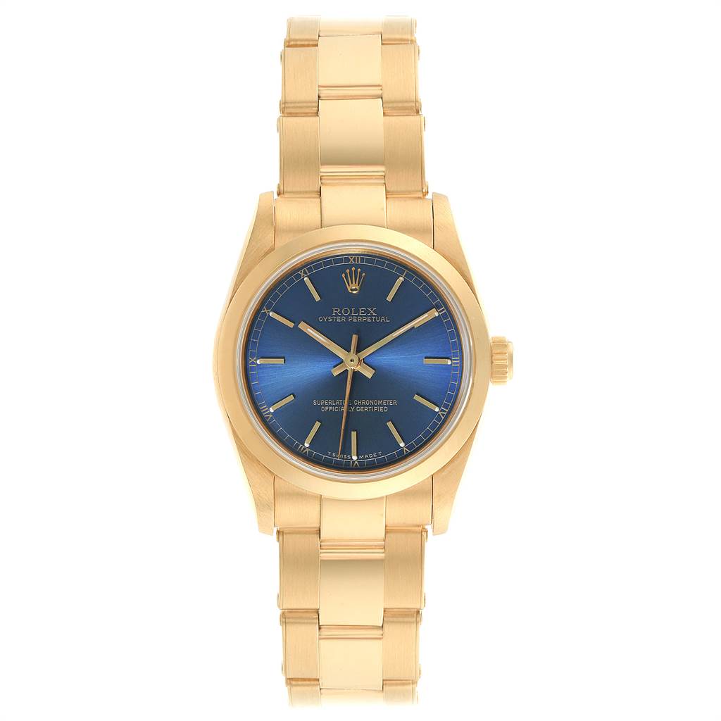 This image shows a frontal view of a gold Rolex President 67488 Women's Yellow Gold Blue Dial 67488 Women's Yellow Gold Blue Dial model watch with a blue dial.