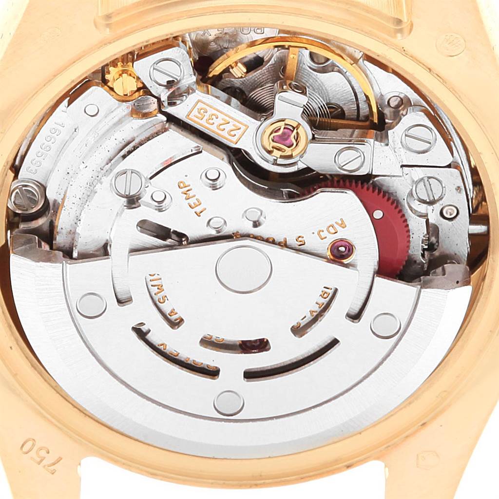 This image shows the inner mechanism of a Rolex President 179298 Women's Yellow Gold Silver Dial 179298 Women's Yellow Gold Silver Dial model watch from a close-up, top-down angle.