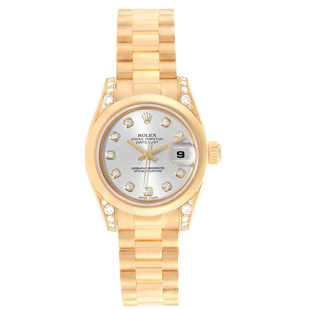 The Rolex President 179298 Women's Yellow Gold Silver Dial 179298 Women's Yellow Gold Silver Dial model watch is shown from a top-down angle, highlighting the dial, bezel, bracelet, and crown.