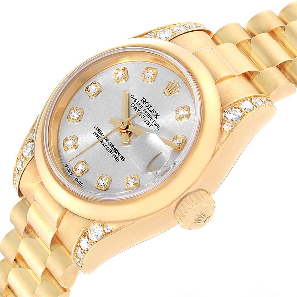 The image shows a close-up angle of a Rolex President 179298 Women's Yellow Gold Silver Dial 179298 Women's Yellow Gold Silver Dial model watch, highlighting the face, bezel, and part of the bracelet.