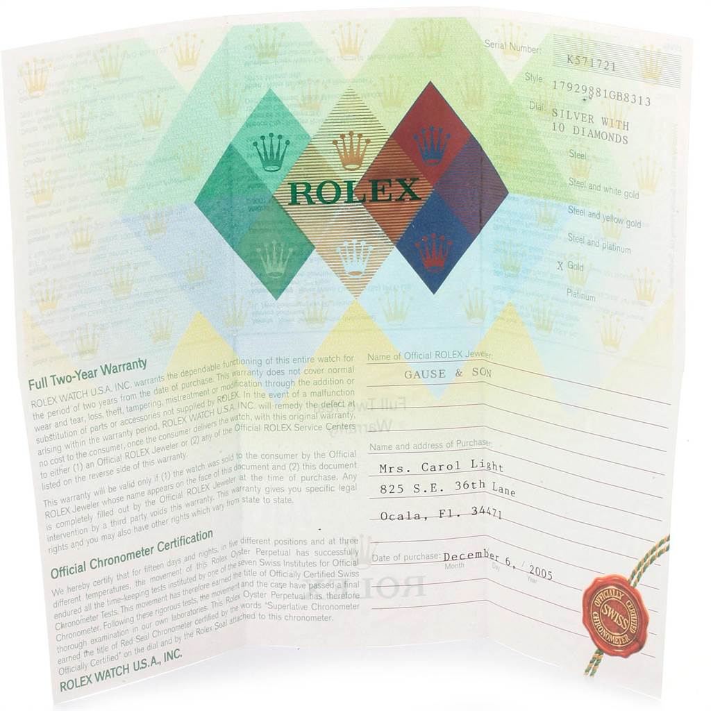 The image shows a certificate with warranty details for a Rolex President 179298 Women's Yellow Gold Silver Dial 179298 Women's Yellow Gold Silver Dial model watch.