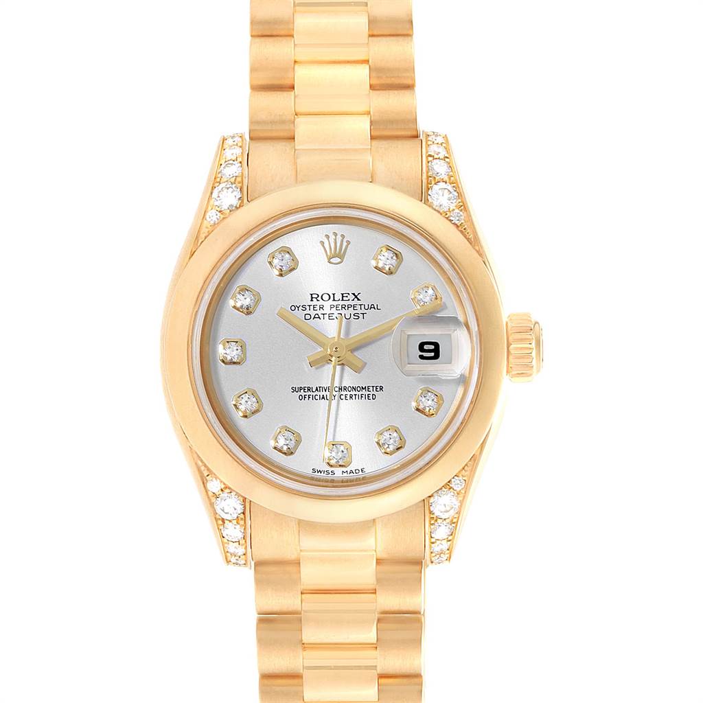 The image shows a front view of a Rolex President 179298 Women's Yellow Gold Silver Dial 179298 Women's Yellow Gold Silver Dial model watch, featuring a gold band and diamond markers.