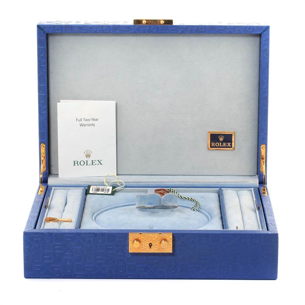 The image shows an open box for a Rolex President 179298 Women's Yellow Gold Silver Dial 179298 Women's Yellow Gold Silver Dial model watch, displaying a warranty card and watch accessories.