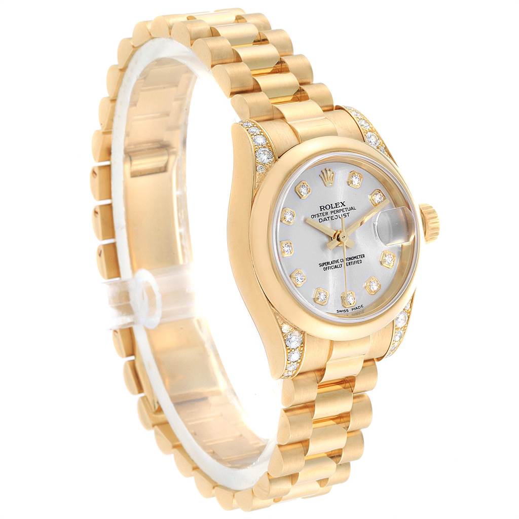 The image shows a side angle of a Rolex President 179298 Women's Yellow Gold Silver Dial 179298 Women's Yellow Gold Silver Dial model watch, highlighting the bezel, bracelet, and dial with diamond markers.