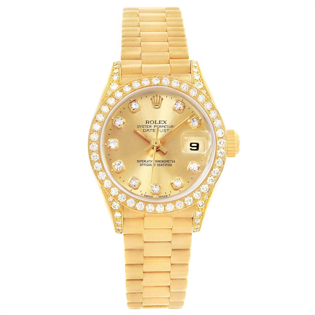 This image shows a front view of a Rolex President 69158 Women
s Yellow Gold Champagne Dial 69158 Women
s Yellow Gold Champagne Dial model watch, highlighting its gold bracelet, diamond-encrusted bezel, and date function.