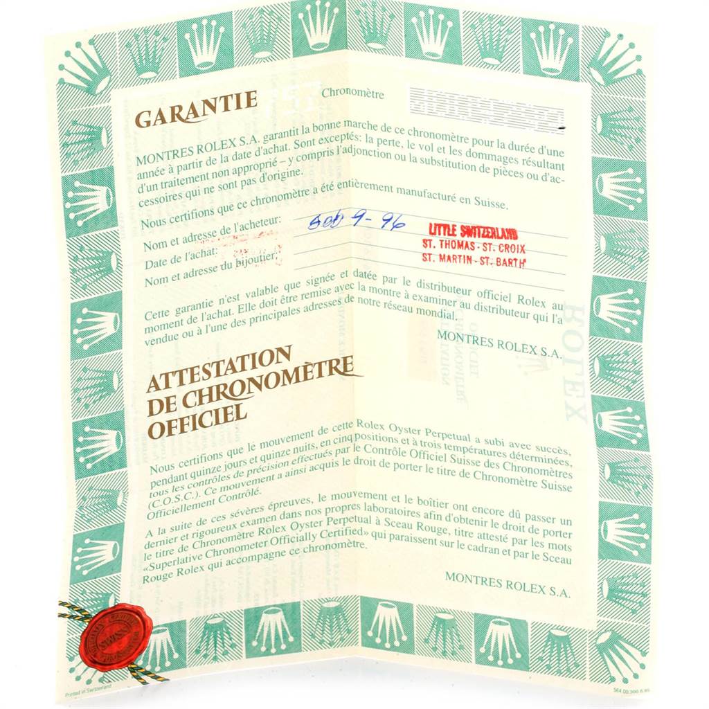 The image shows the warranty certificate for a Rolex President 69158 Women
s Yellow Gold Champagne Dial 69158 Women
s Yellow Gold Champagne Dial model watch.