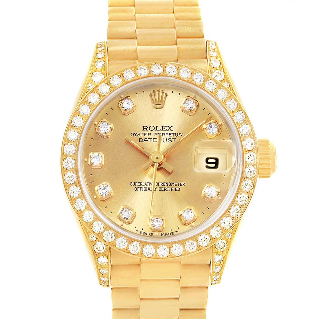 This image shows a front view of a Rolex President 69158 Women
s Yellow Gold Champagne Dial 69158 Women
s Yellow Gold Champagne Dial model watch, including the face, bezel, and part of the bracelet.