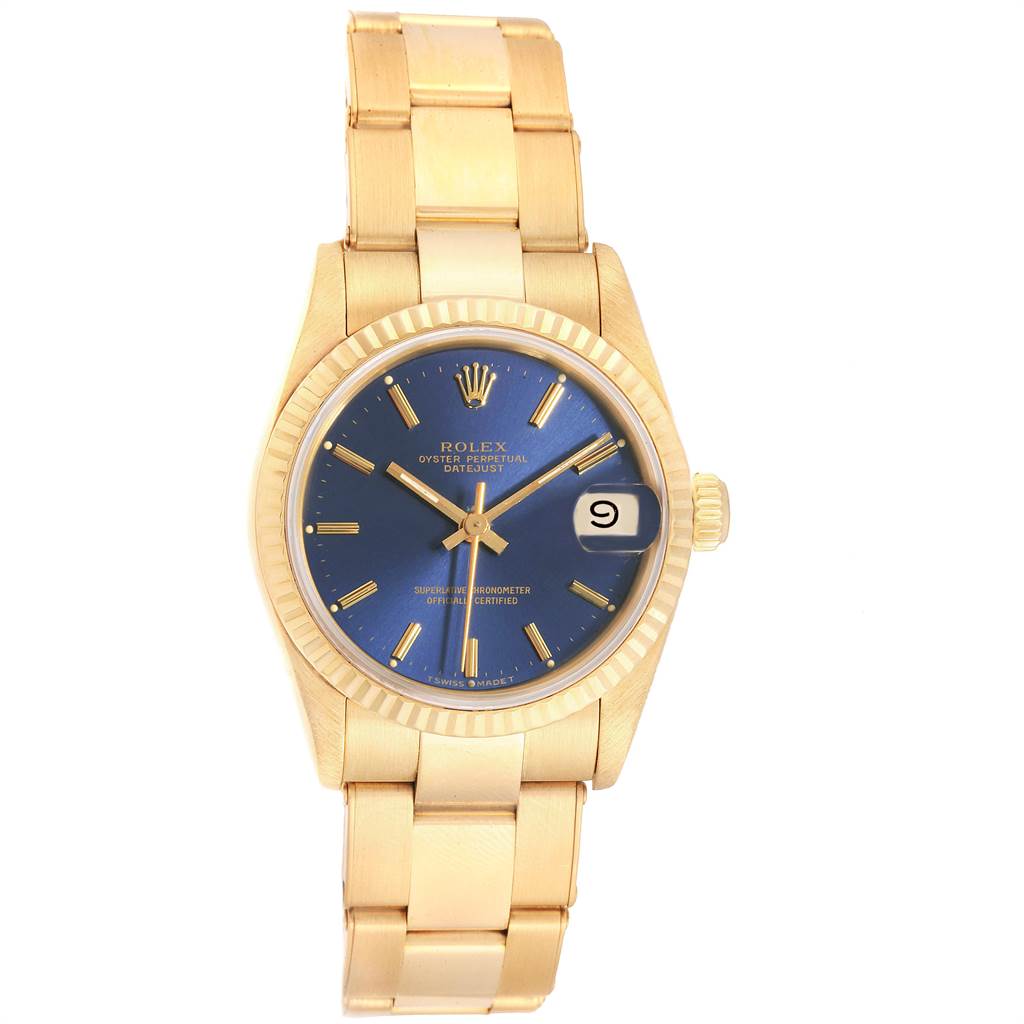 The image shows a Rolex President 68278 Women's Yellow Gold Blue Dial 68278 Women's Yellow Gold Blue Dial model watch, including its gold bracelet, blue dial, date window, and fluted bezel.