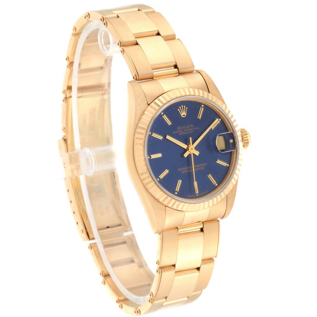 The Rolex President 68278 Women's Yellow Gold Blue Dial 68278 Women's Yellow Gold Blue Dial watch is shown at a three-quarter angle, highlighting the blue dial, fluted bezel, and gold bracelet.