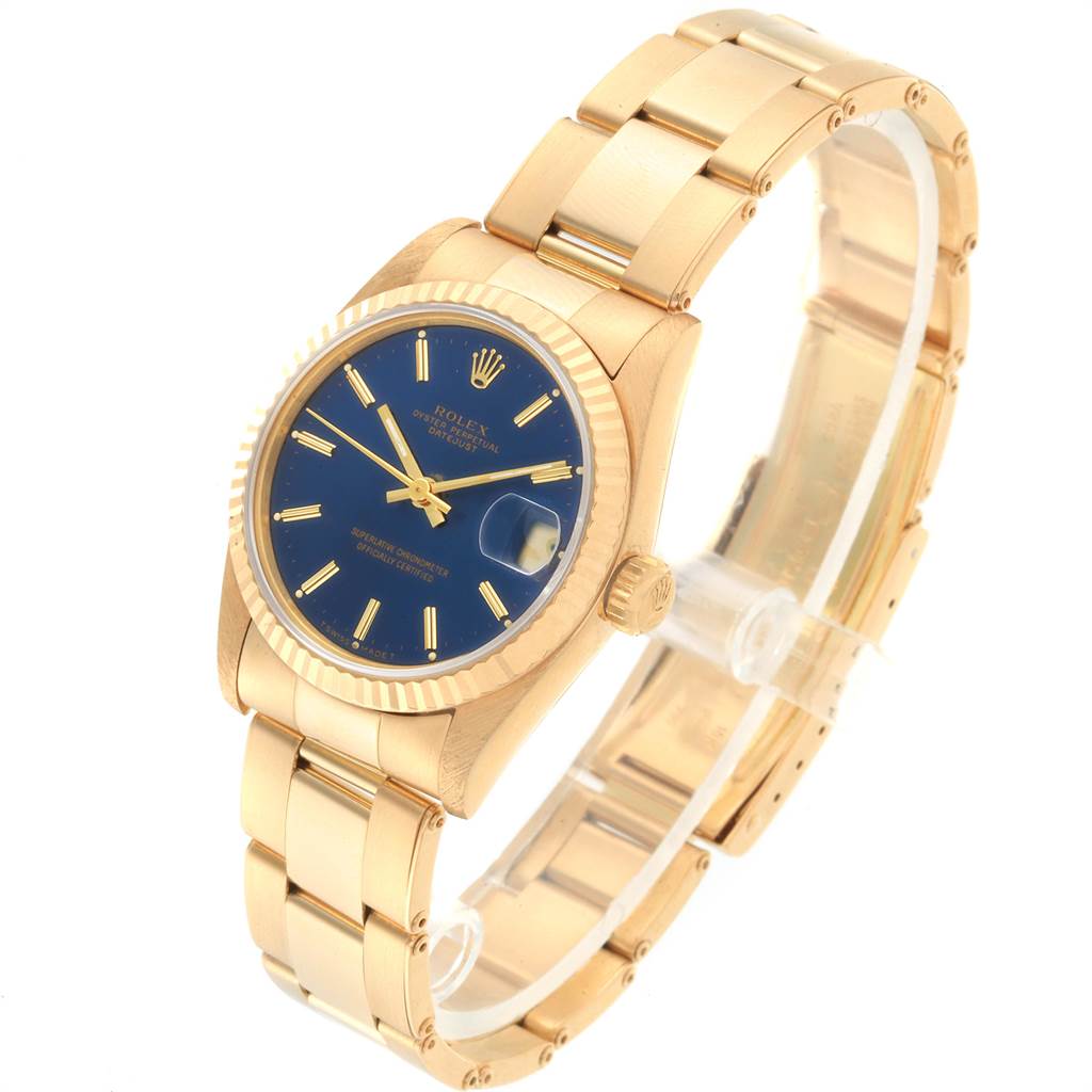 The image shows a Rolex President 68278 Women's Yellow Gold Blue Dial 68278 Women's Yellow Gold Blue Dial watch, featuring a close-up angle from the side and slightly above, highlighting the bracelet and dial.