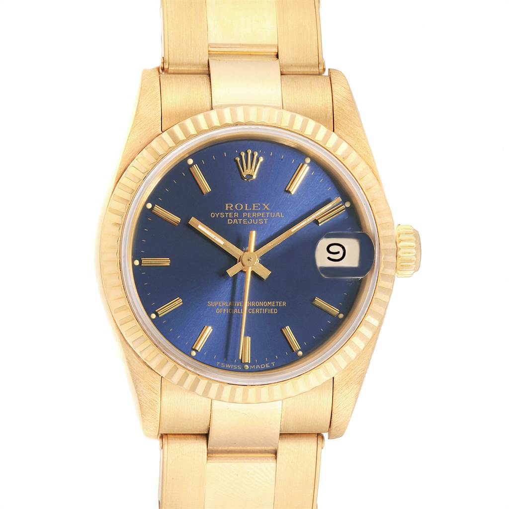 The image shows a frontal view of the Rolex President 68278 Women's Yellow Gold Blue Dial 68278 Women's Yellow Gold Blue Dial model watch, highlighting its blue dial, date window, and gold bracelet.