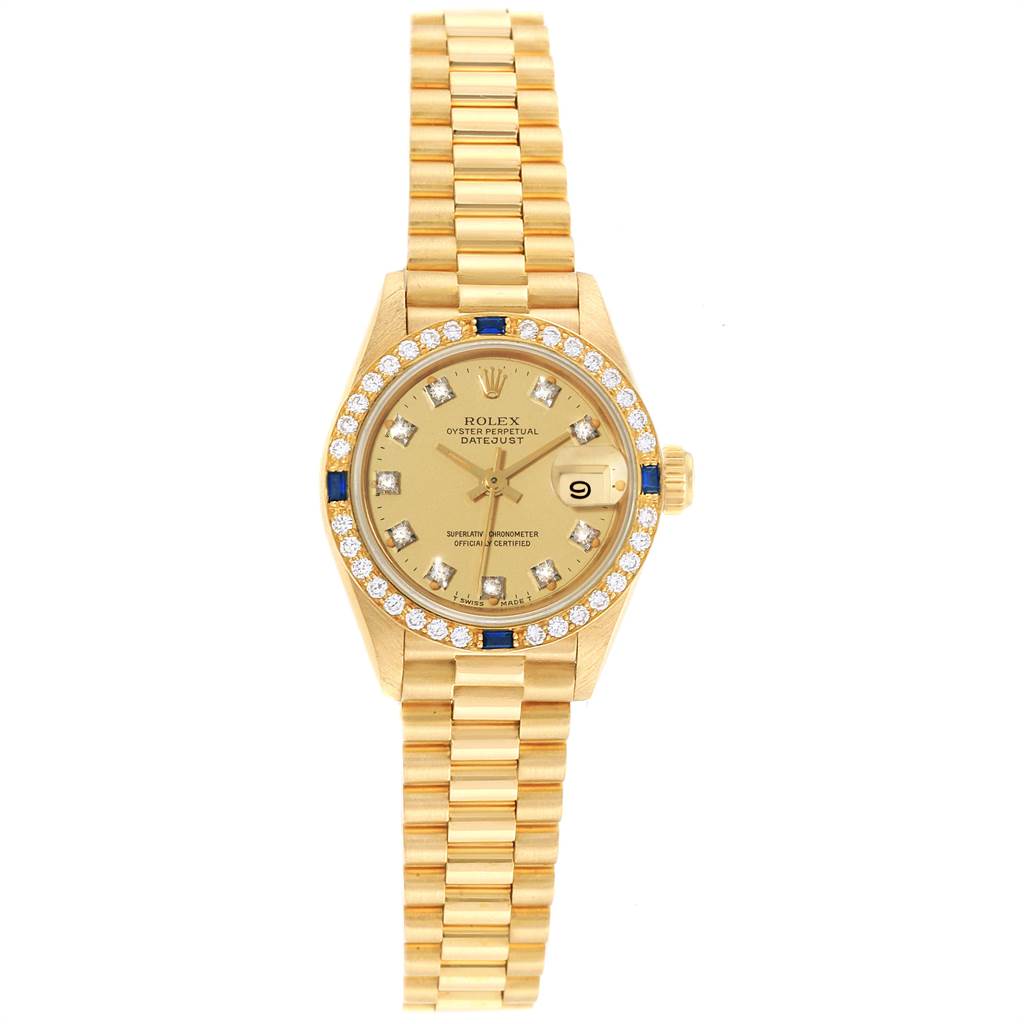 The image shows a Rolex President 69088 Women
s Yellow Gold Champagne Dial 69088 Women
s Yellow Gold Champagne Dial model watch in gold, viewed from the front, displaying its face, bezel, and bracelet.
