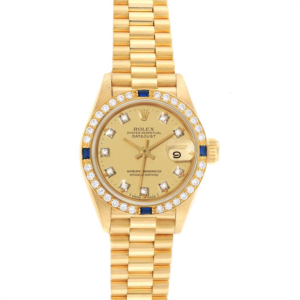 The image shows a front view of the Rolex President 69088 Women
s Yellow Gold Champagne Dial 69088 Women
s Yellow Gold Champagne Dial model watch, highlighting its gold bracelet, diamond-set bezel, and dial.