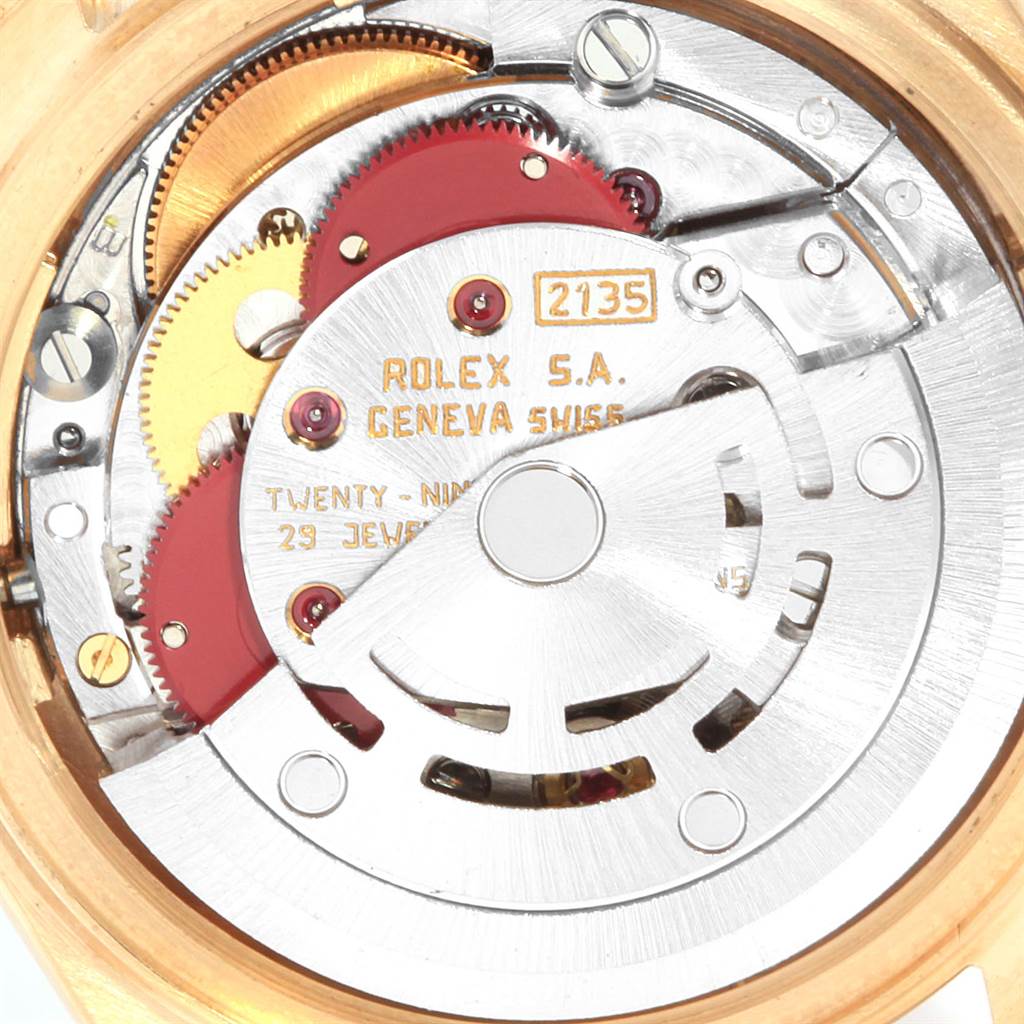 This is a close-up view of the movement mechanism of a Rolex President 69088 Women
s Yellow Gold Champagne Dial 69088 Women
s Yellow Gold Champagne Dial model watch.