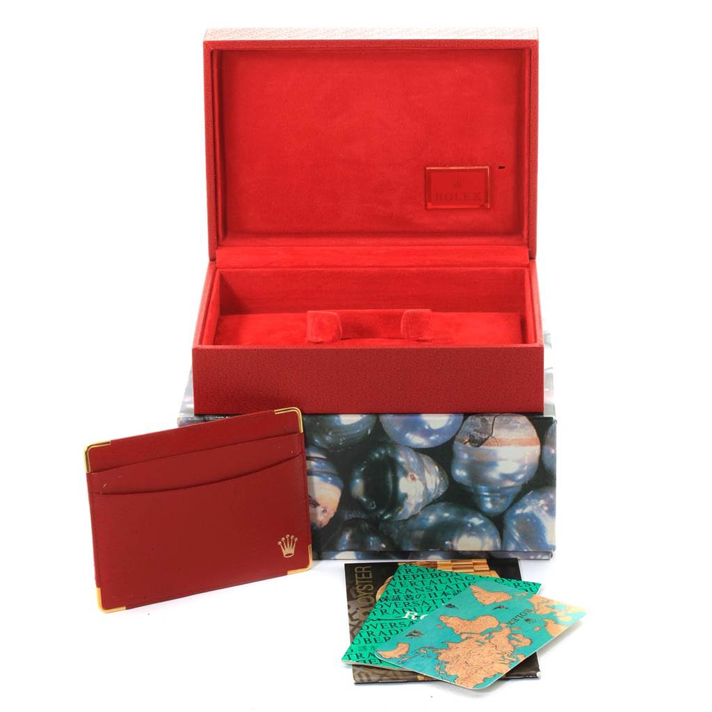 The image shows the open box, cardholder, and booklets for a Rolex President 69088 Women
s Yellow Gold Champagne Dial 69088 Women
s Yellow Gold Champagne Dial model watch.