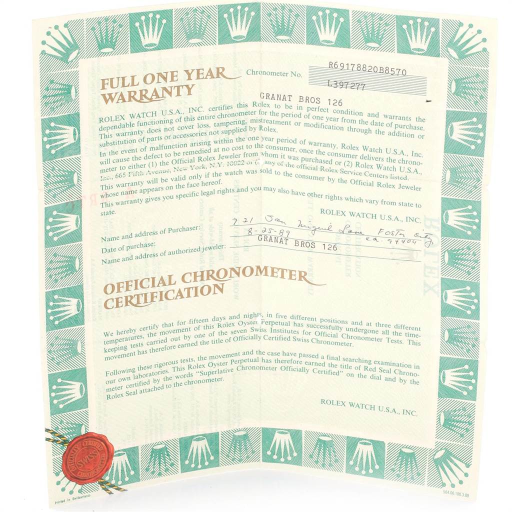 The image shows a full view of the warranty and certification papers for the Rolex President 69178 Women
s Yellow Gold Champagne Dial 69178 Women
s Yellow Gold Champagne Dial model watch, featuring the brand
s logo pattern.