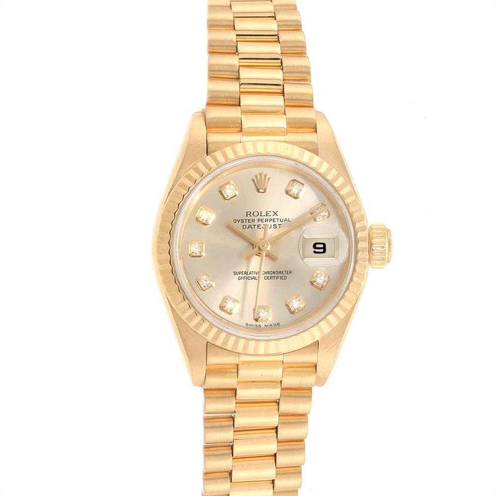 The Rolex President 69178 Women
s Yellow Gold Champagne Dial 69178 Women
s Yellow Gold Champagne Dial model watch is displayed from a top-down angle, showcasing its face, bezel, and bracelet.