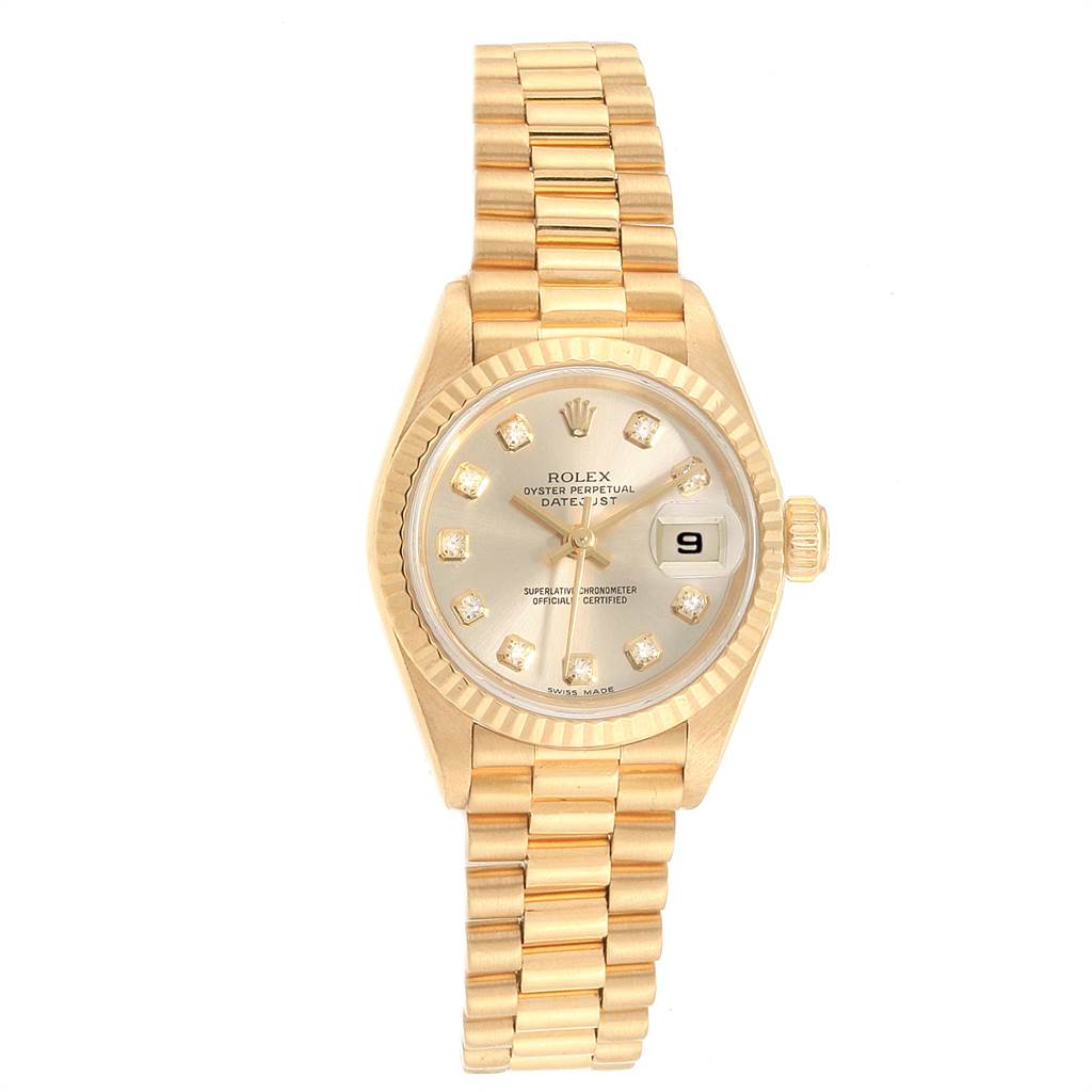 The image shows a front view of a Rolex President 69178 Women
s Yellow Gold Champagne Dial 69178 Women
s Yellow Gold Champagne Dial model watch, highlighting its dial, bracelet, and crown.