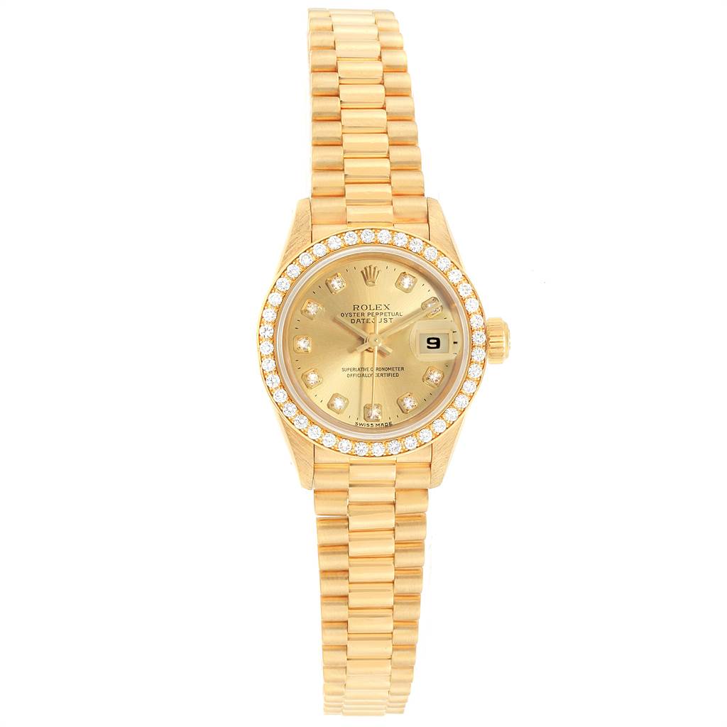 The Rolex President 69138 Women
s Yellow Gold Champagne Dial 69138 Women
s Yellow Gold Champagne Dial model watch is shown from a front angle, highlighting its dial, bezel, and bracelet.