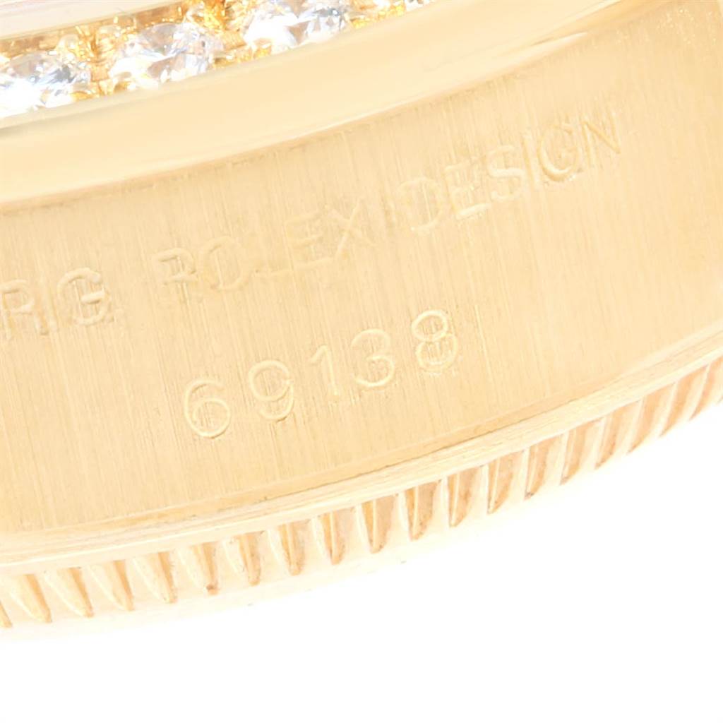This close-up angle shows the model number, bezel, and design details of a Rolex President 69138 Women
s Yellow Gold Champagne Dial 69138 Women
s Yellow Gold Champagne Dial watch.