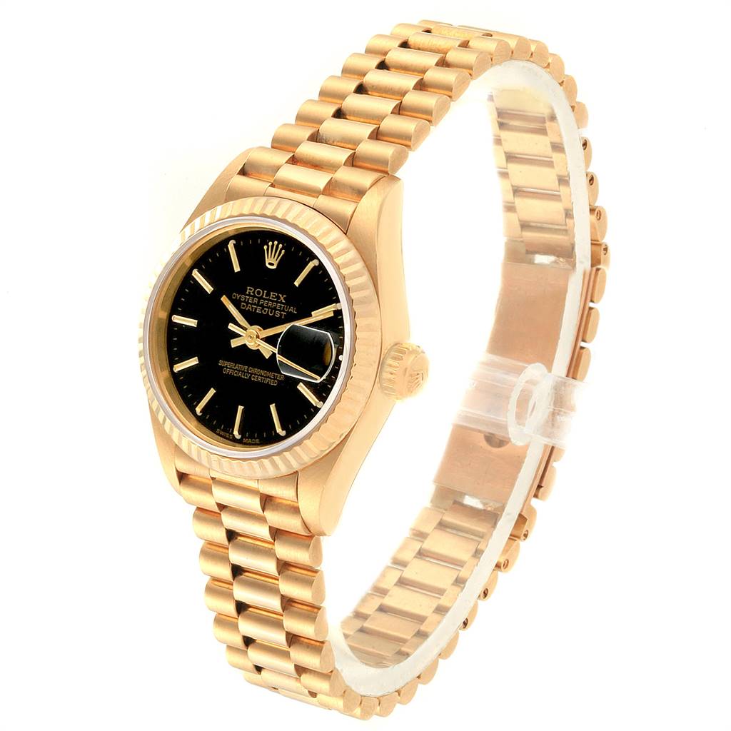 The image shows a Rolex President 69178 Women's Yellow Gold Black Dial 69178 Women's Yellow Gold Black Dial model watch at a three-quarter angle, highlighting the black dial, gold case, and gold bracelet.