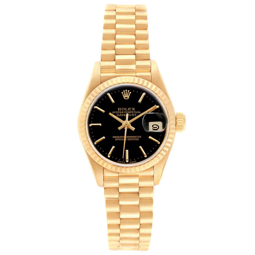 The image shows a front view of a Rolex President 69178 Women's Yellow Gold Black Dial 69178 Women's Yellow Gold Black Dial model watch, displaying the bracelet, dial, date window, and crown.