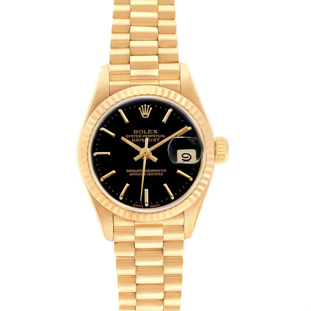 The image shows a Rolex President 69178 Women's Yellow Gold Black Dial 69178 Women's Yellow Gold Black Dial model watch with a black dial, gold case, and bracelet, viewed from the front.