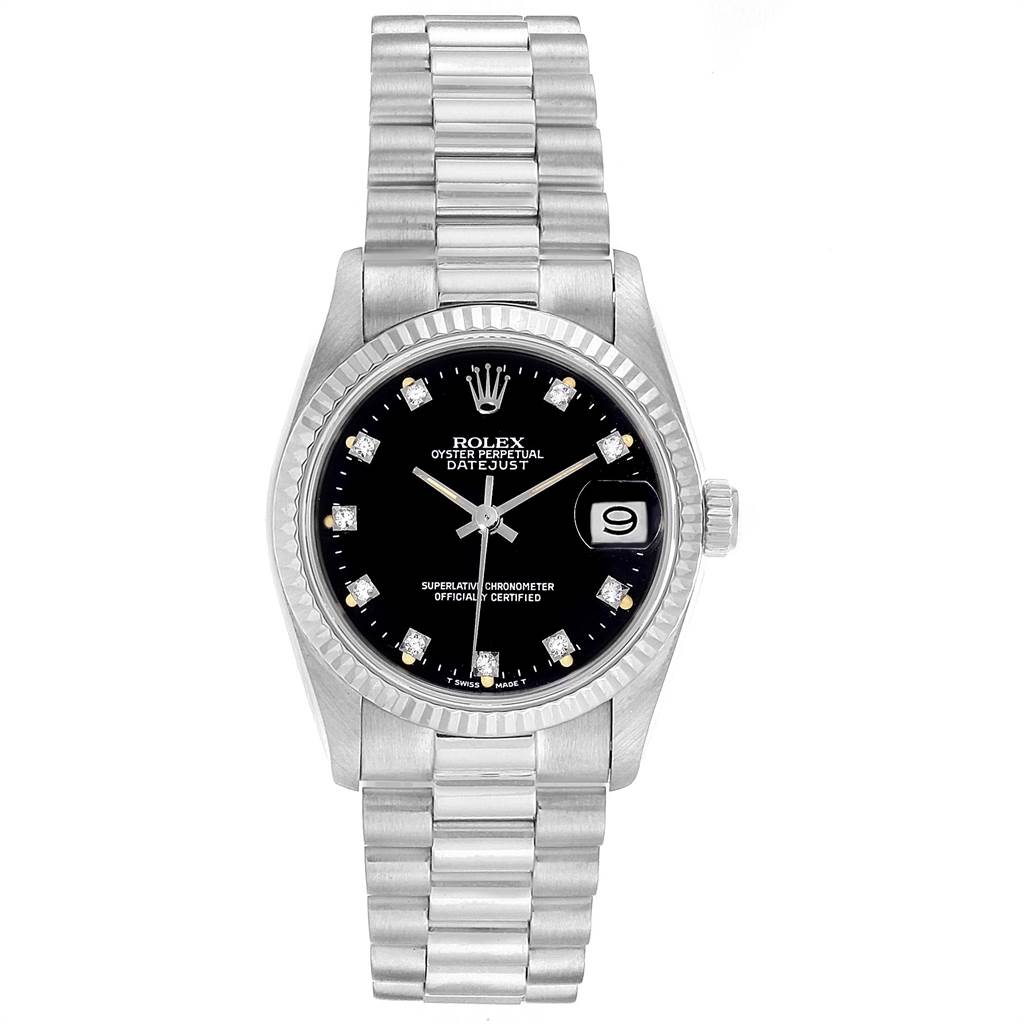 The Rolex President 68279 Women's White Gold Black Dial 68279 Women's White Gold Black Dial model watch is shown from the front angle, displaying the dial, case, bracelet, and date feature.