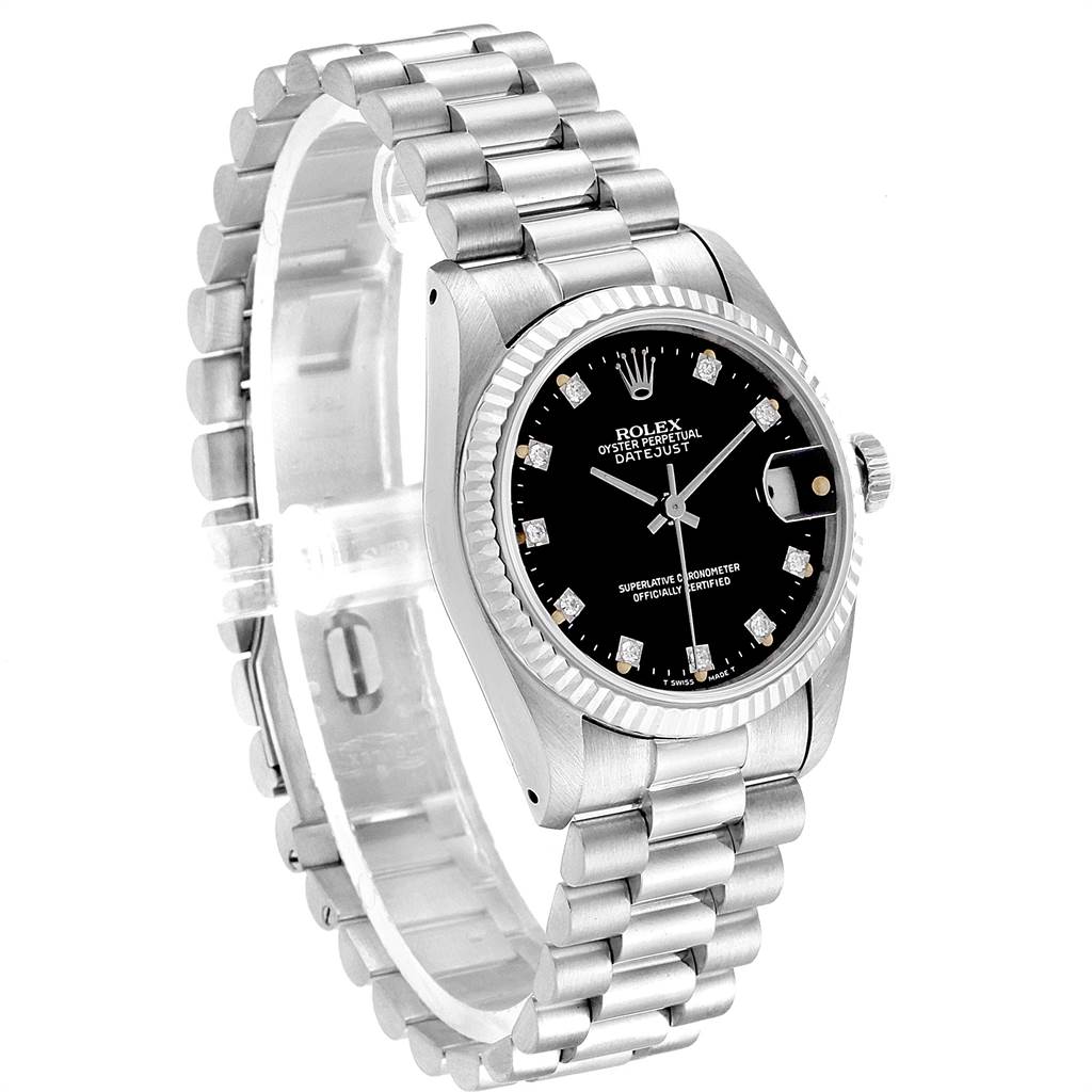 The Rolex President 68279 Women's White Gold Black Dial 68279 Women's White Gold Black Dial watch is shown at a slight angle, displaying its face, bracelet, and crown.