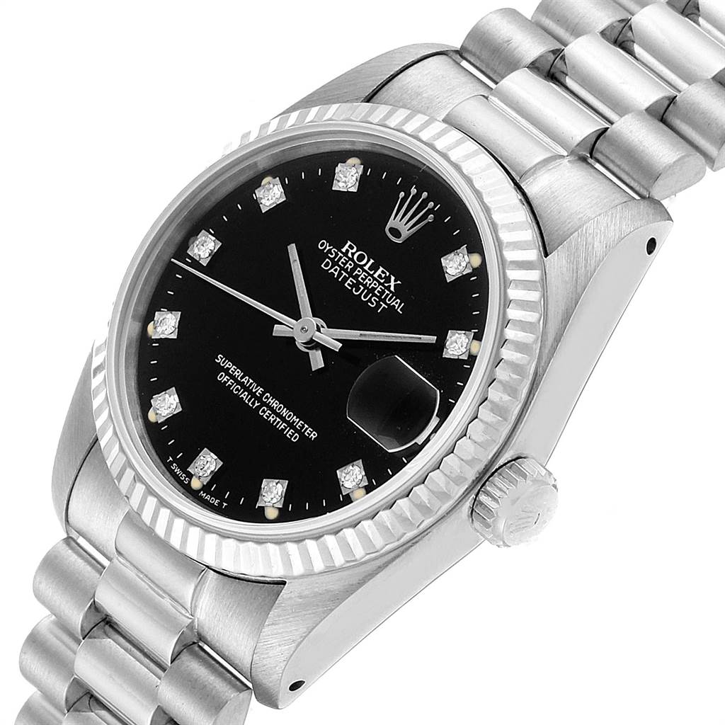 The Rolex President 68279 Women's White Gold Black Dial 68279 Women's White Gold Black Dial model watch is shown at a slight angle, highlighting its black dial, fluted bezel, bracelet, and crown.