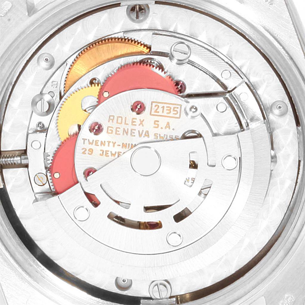 This image shows a close-up view of the movement inside a Rolex President 68279 Women's White Gold Black Dial 68279 Women's White Gold Black Dial model watch.