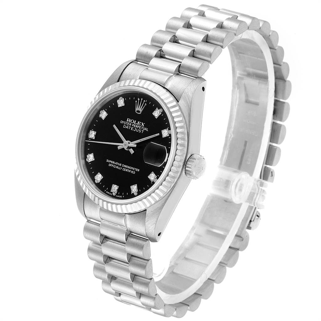 The Rolex President 68279 Women's White Gold Black Dial 68279 Women's White Gold Black Dial watch is shown at an angle highlighting the face, bezel, crown, and bracelet.