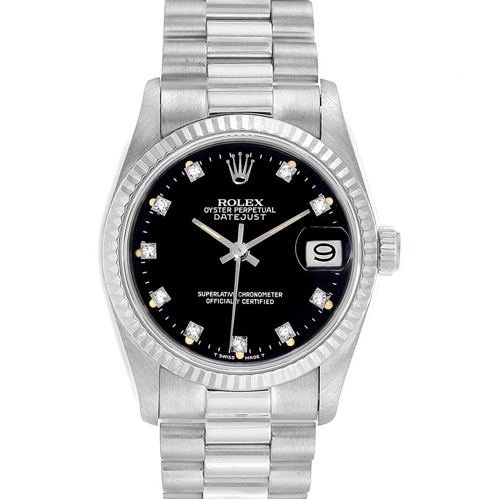 The image shows a front view of a Rolex President 68279 Women's White Gold Black Dial 68279 Women's White Gold Black Dial model watch with a black dial and date display.